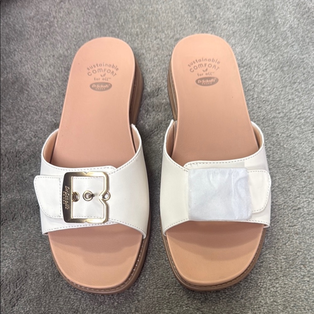 Dr. Scholl's White Slide Mules with Buckle Accent